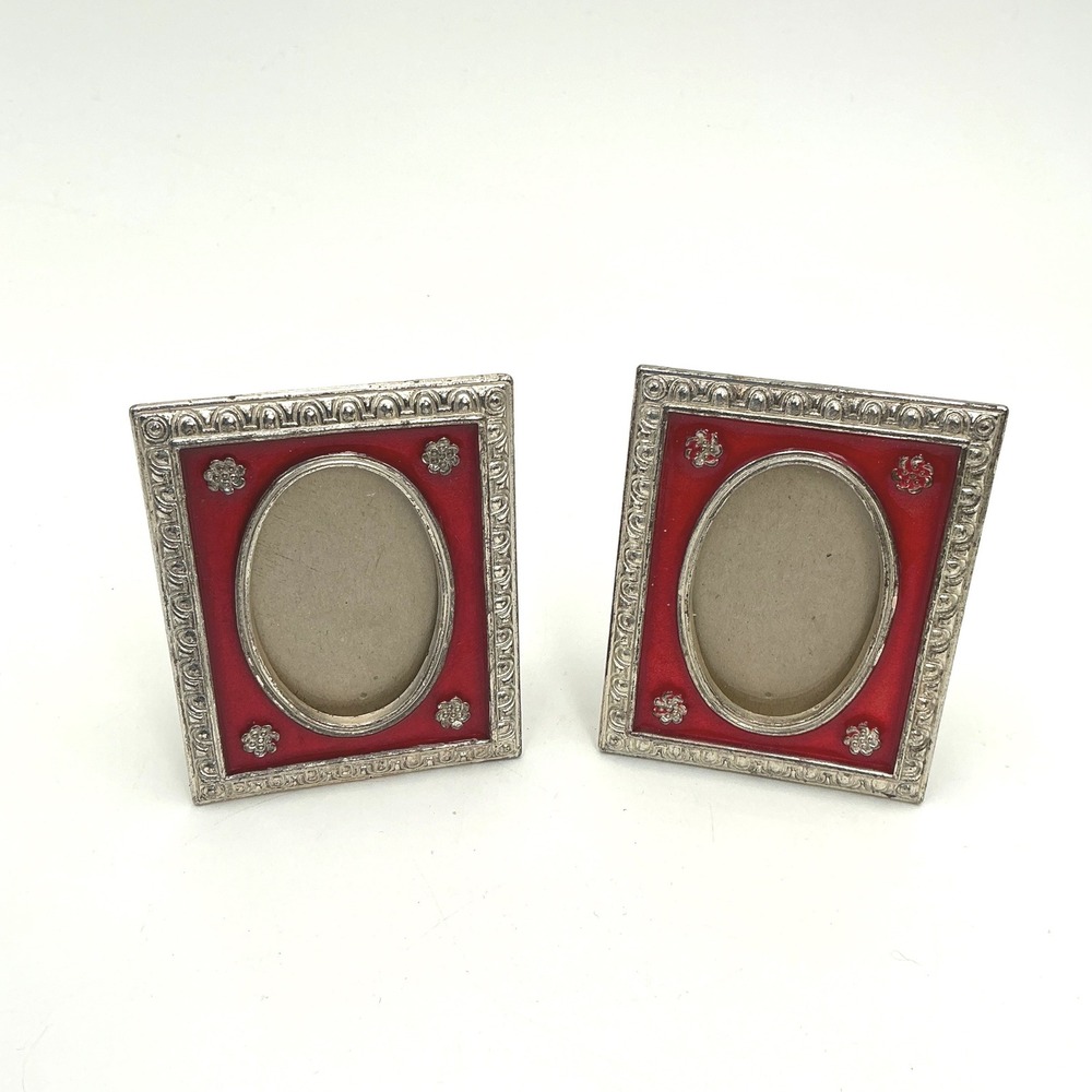 Vintage 1989 Fetco Red Enamel Silver Tone Miniature Oval Picture Frames Set of 2